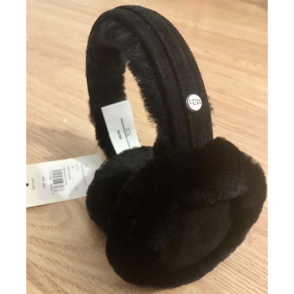New UGG Dyed Shearling Center Strip Fur Sheep Skin Earmuffs #14821 Black Winter